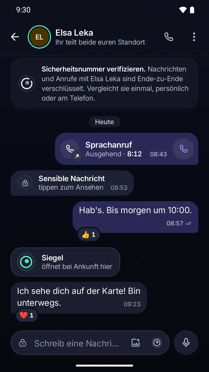 Chat mit Elsa Leka: oben der Hinweis, dass Nachrichten und Anrufe Ende-zu-Ende-verschlüsselt sind; darunter ein Sprachanruf, eine verdeckte sensible Nachricht und eine versiegelte Nachricht.
