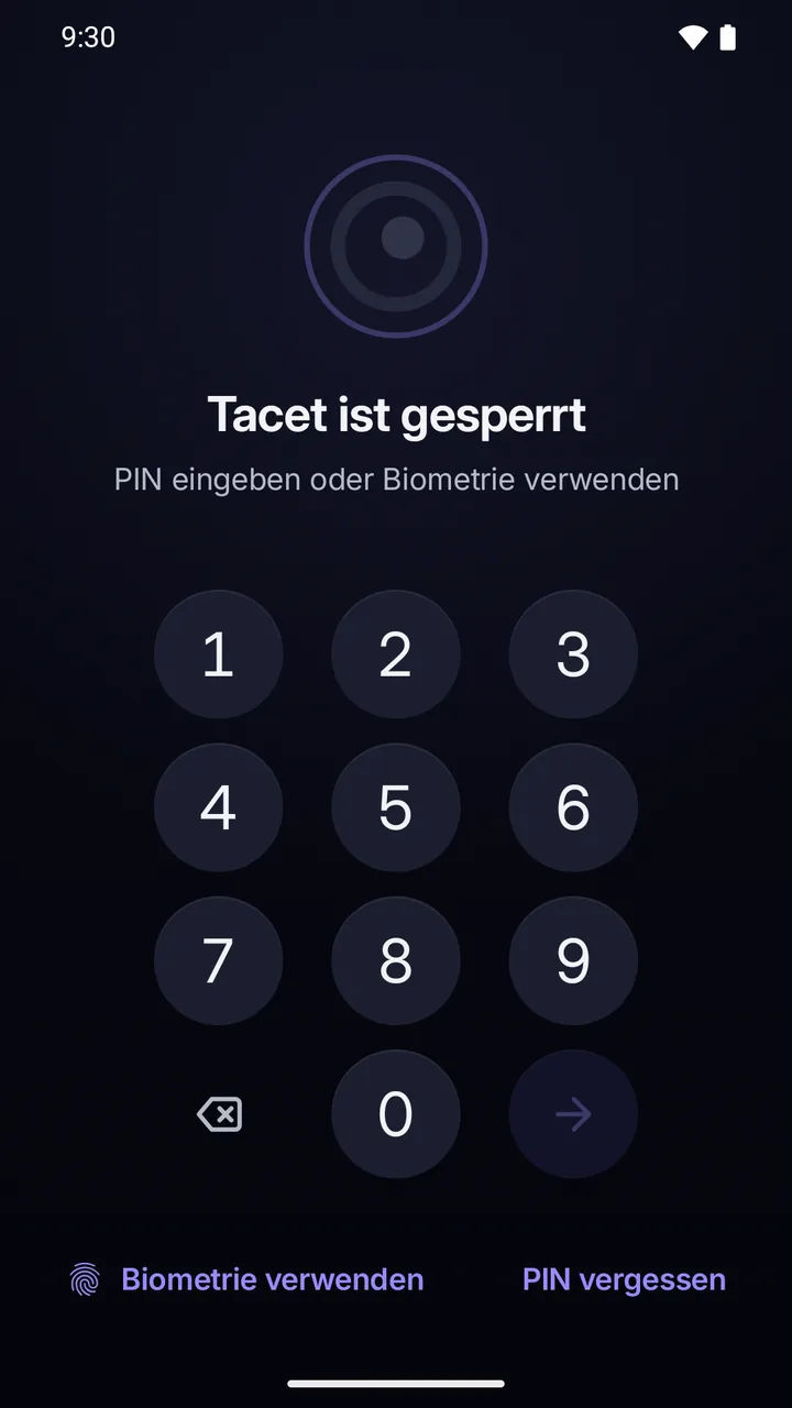 Sperrbildschirm: die gesperrte App, das PIN-Feld und „PIN vergessen“.
