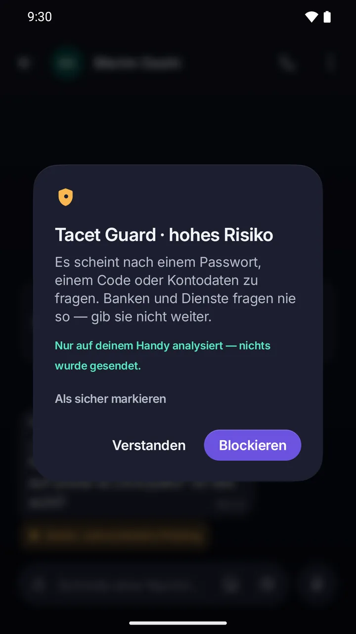 Warnung von Guard, hohes Risiko: Die Nachricht fragt nach Passwort, Code oder Kontodaten; nur auf dem Telefon analysiert; Schaltfläche Blockieren.