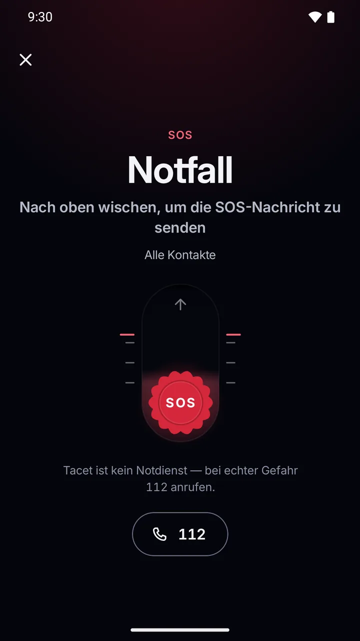 SOS-Bildschirm: „Notruf, nach oben wischen“ für alle Kontakte, der Hinweis, dass die App kein Notrufdienst ist, und die Taste 112.