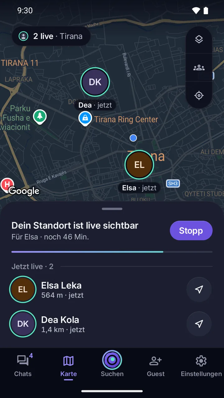 Karte: zwei Personen live in Tirana, Elsa und Dea; darunter „Dein Standort ist live sichtbar“ mit der Schaltfläche zum Beenden.