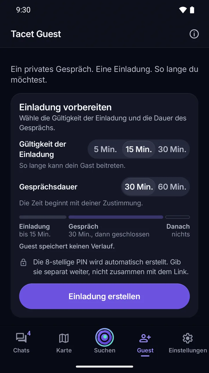 Guest: Vorbereitung des Zutritts mit Gültigkeit der Einladung, Gesprächsdauer, 8-stelliger PIN und der Schaltfläche Einladung erstellen.