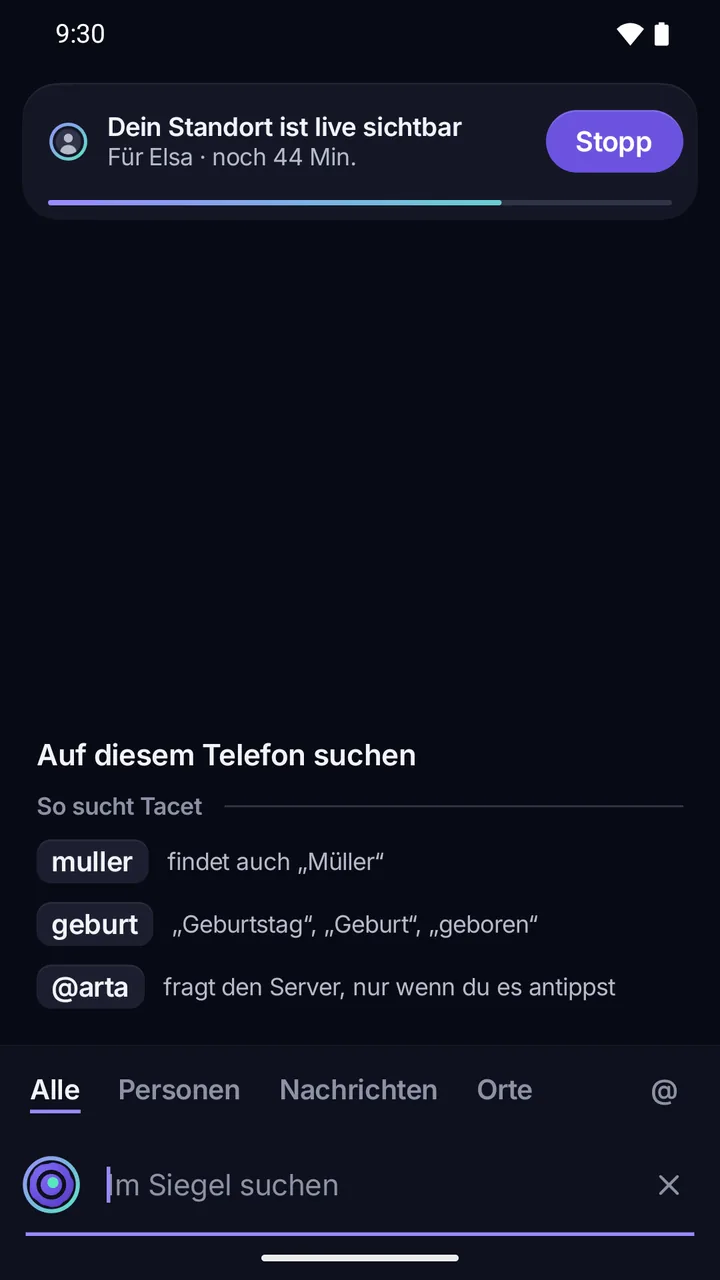 Suche im Siegel: Gesucht wird nur auf diesem Telefon, nur „@“ fragt den Server.