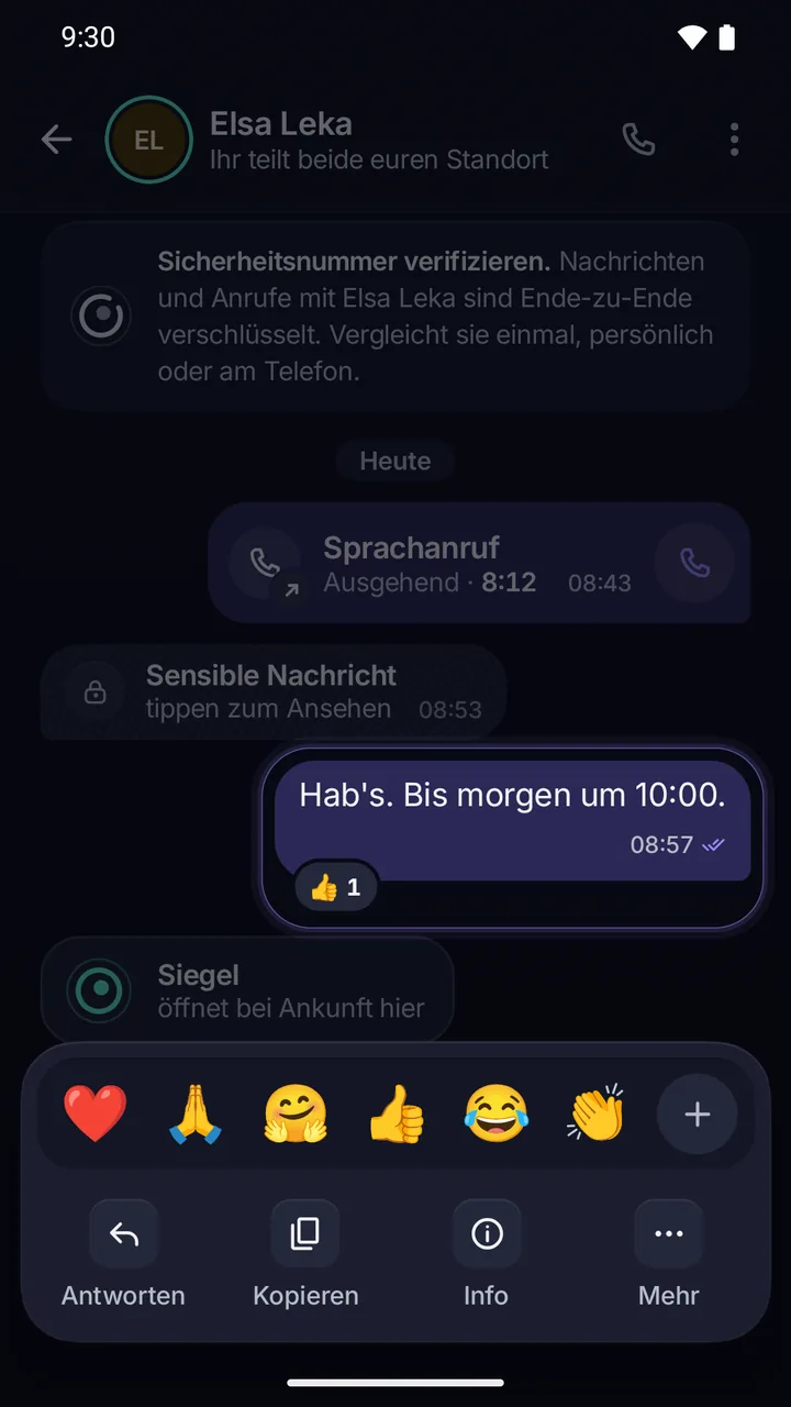 Das Aktionsblatt: Reaktionen in der ersten Zeile, dann Antworten, Kopieren, Übersetzen, Nachrichteninfo und Nachricht löschen.