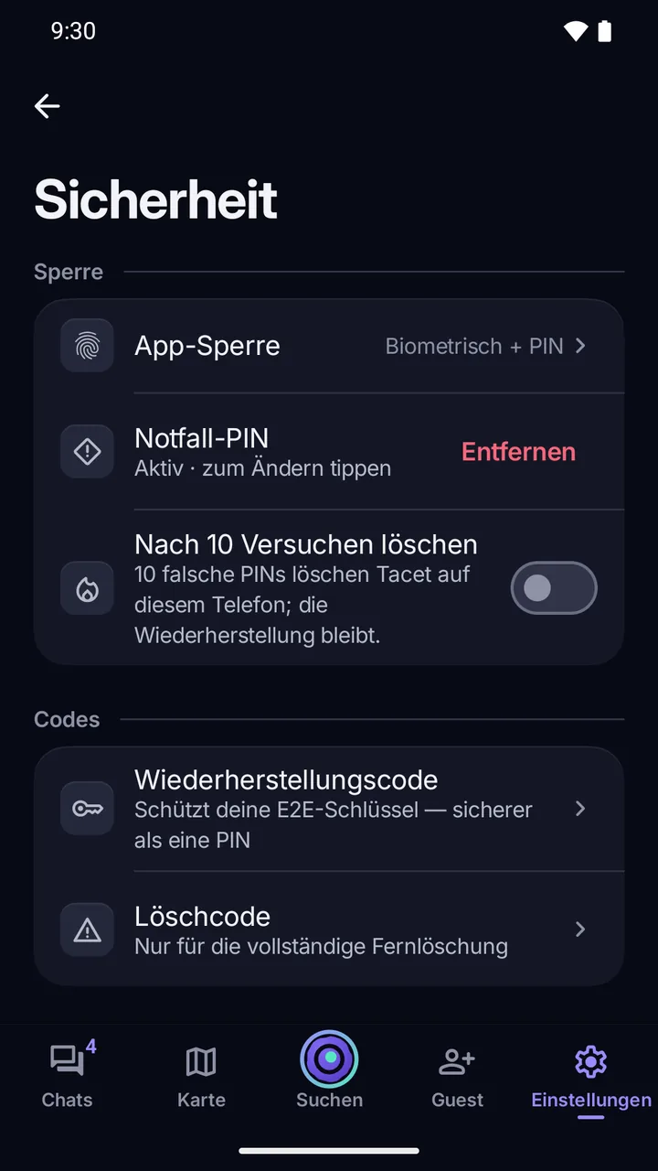 Einstellungen › Sicherheit: App-Sperre mit Biometrisch + PIN, Notfall-PIN aktiv, Nach 10 Versuchen löschen, Wiederherstellungscode und Löschcode.