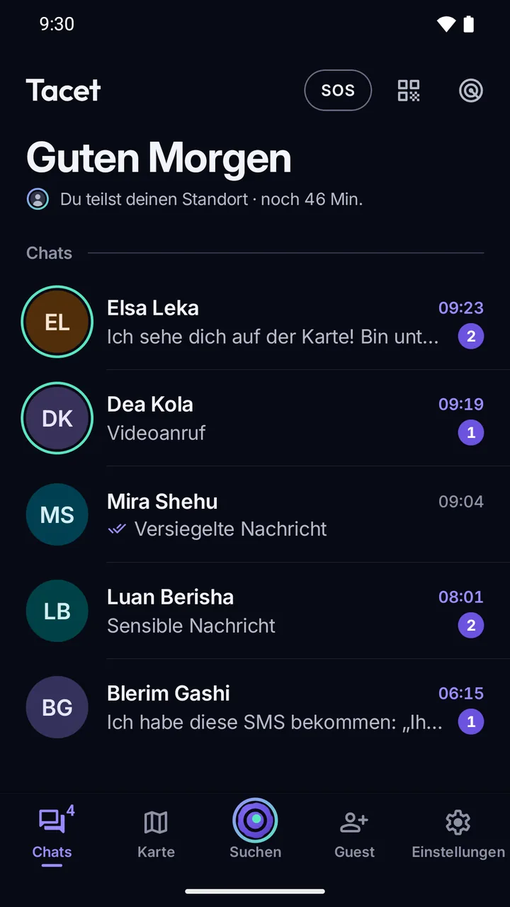 Chatliste: Die Vorschauen zeigen „Sensible Nachricht“ und „Versiegelte Nachricht“ statt des Textes.