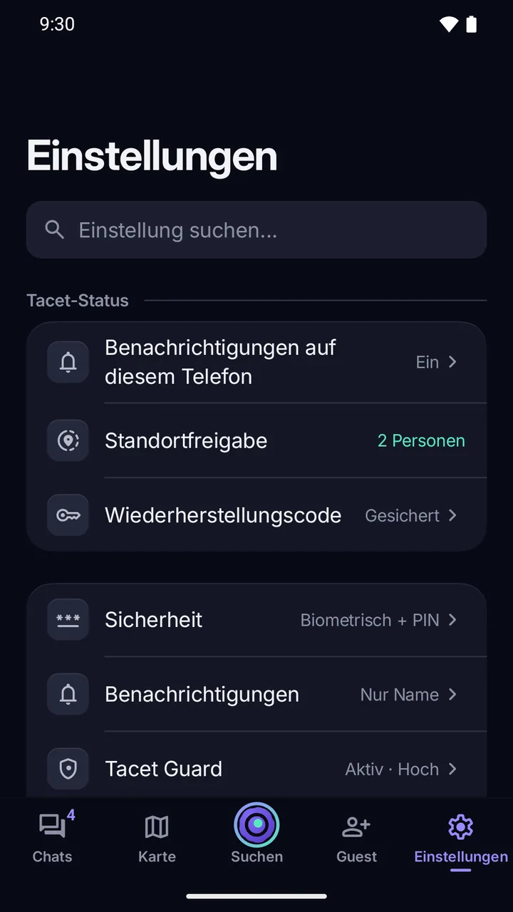 Einstellungen: der Status der App (Benachrichtigungen, Standortfreigabe, Wiederherstellungscode) und die Bereiche Sicherheit, Benachrichtigungen und Guard.