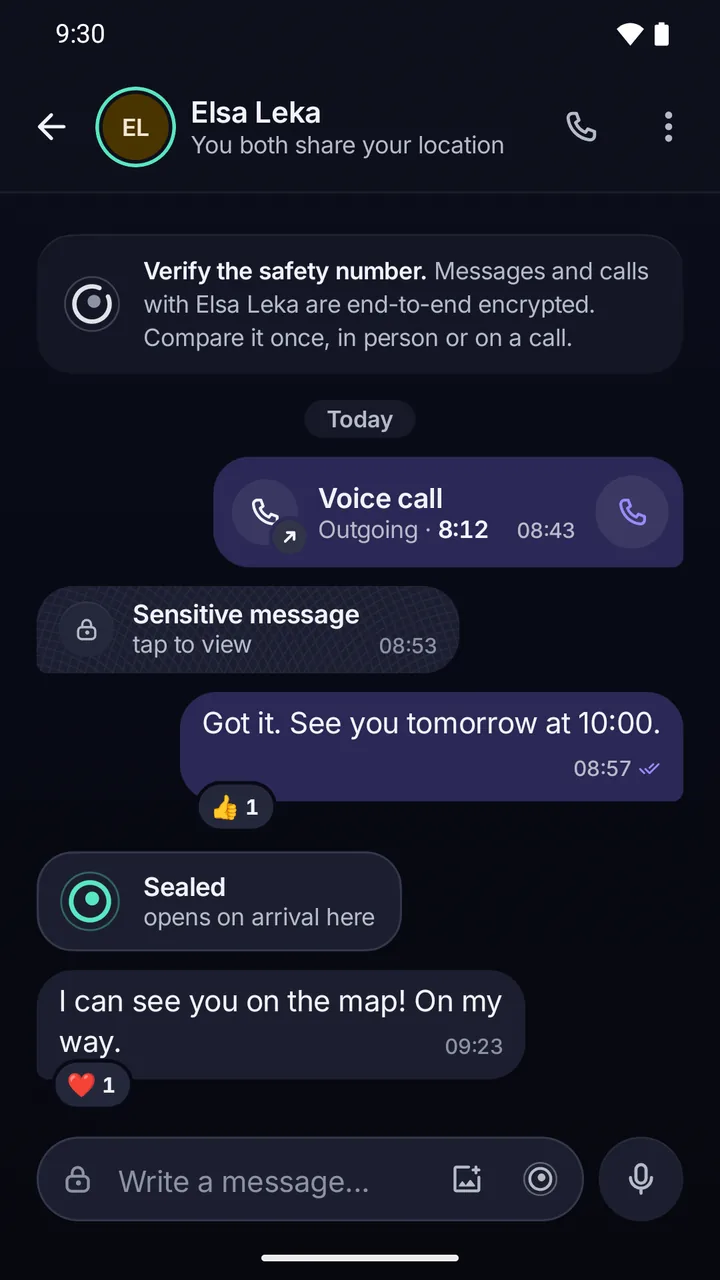Chat with Elsa Leka: at the top, the note that messages and calls are end-to-end encrypted; below, a voice call, a covered sensitive message and a sealed message.