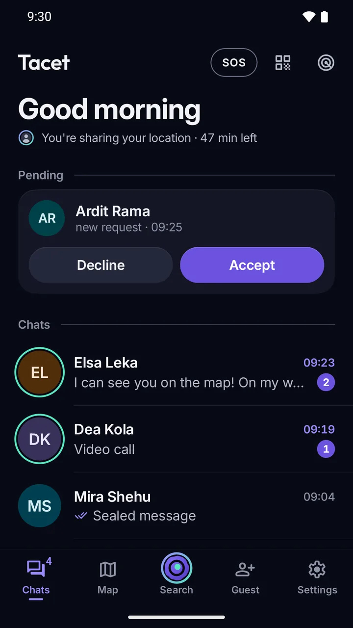 Home screen: a new pending request with Decline and Accept, and chats previewed as “Sealed message” and “Video call”.