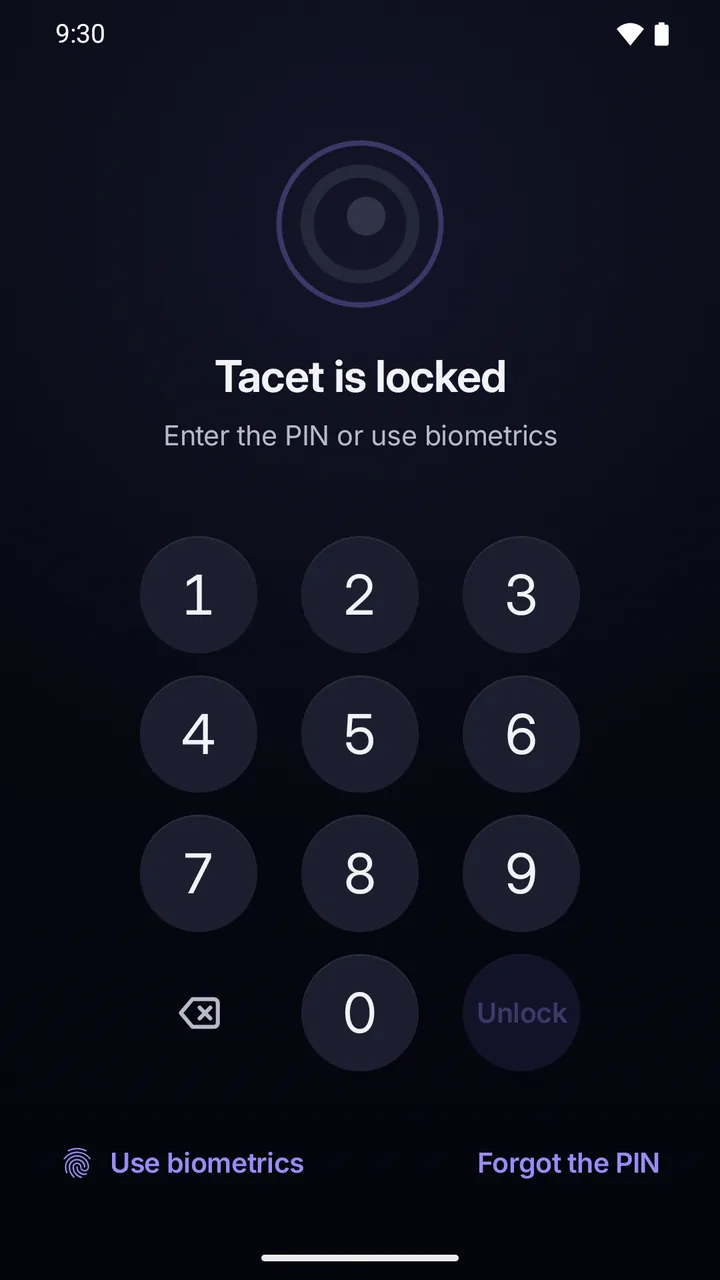 Lock screen: the app is locked, with the PIN pad and “Forgot the PIN”.