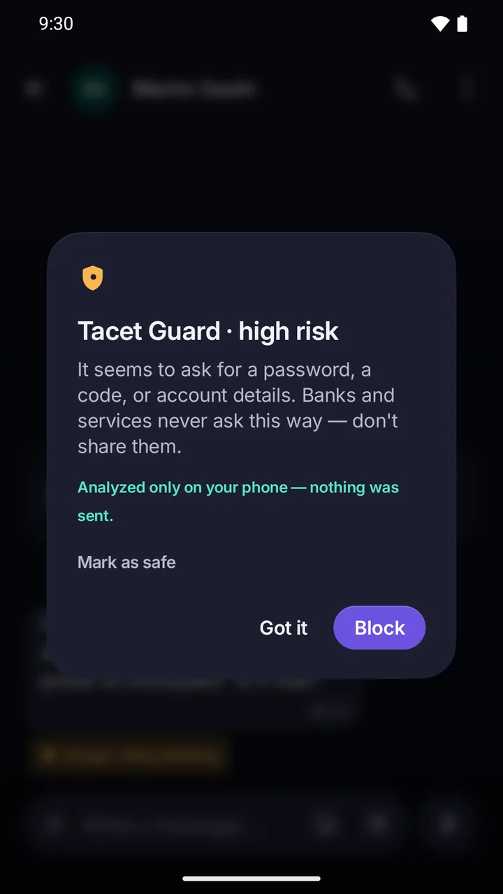 Guard high-risk warning: the message asks for a password, code or account details; analysed only on the phone; Got it and Block buttons.