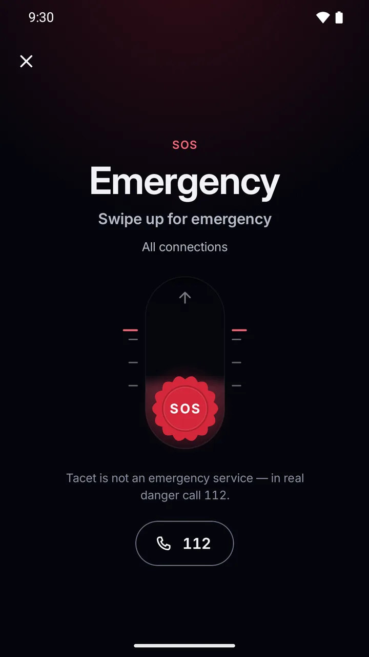 SOS screen: “Emergency, swipe up for emergency” for all connections, the note that the app is not an emergency service, and the 112 button.