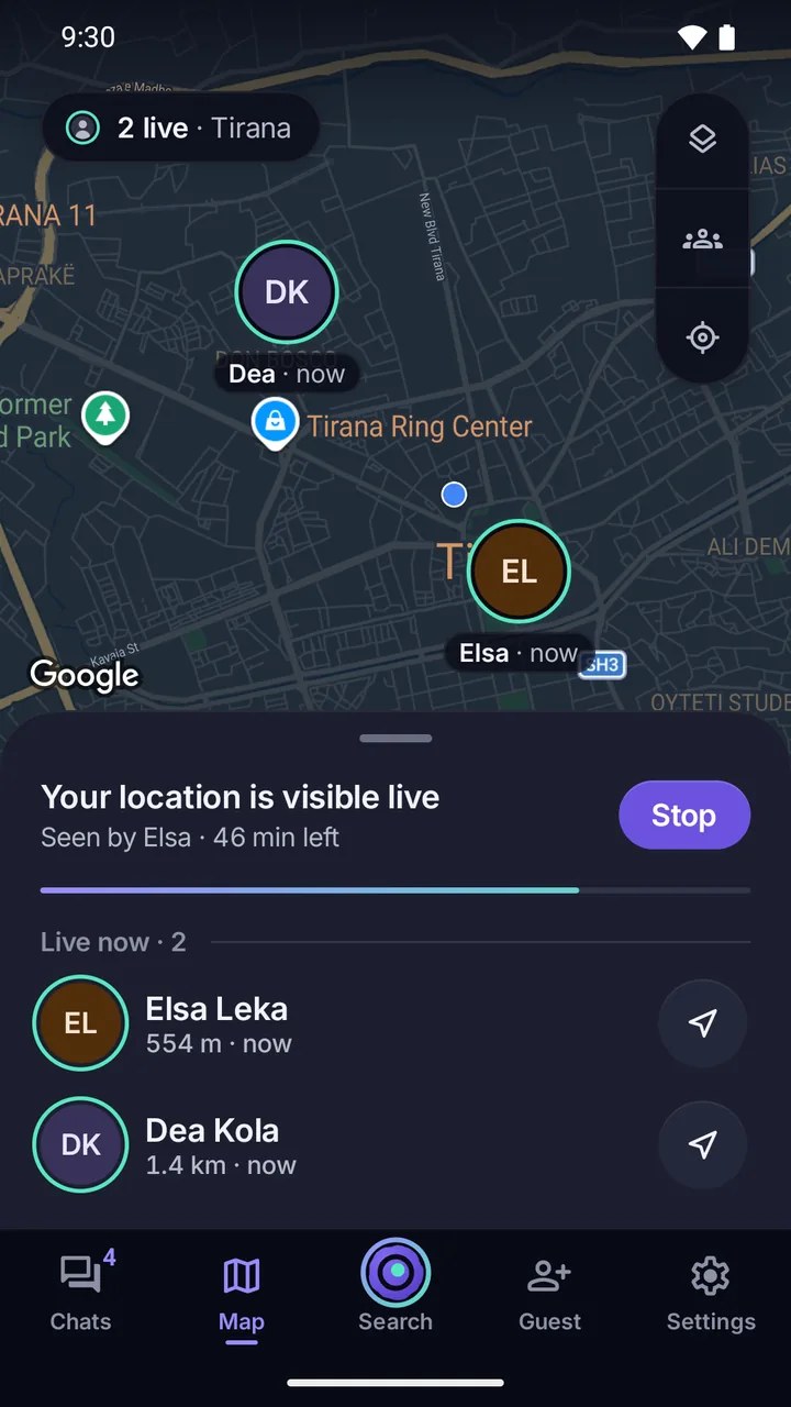 Map: two people live in Tirana, Elsa and Dea; below, “Your location is visible live” with a Stop button.