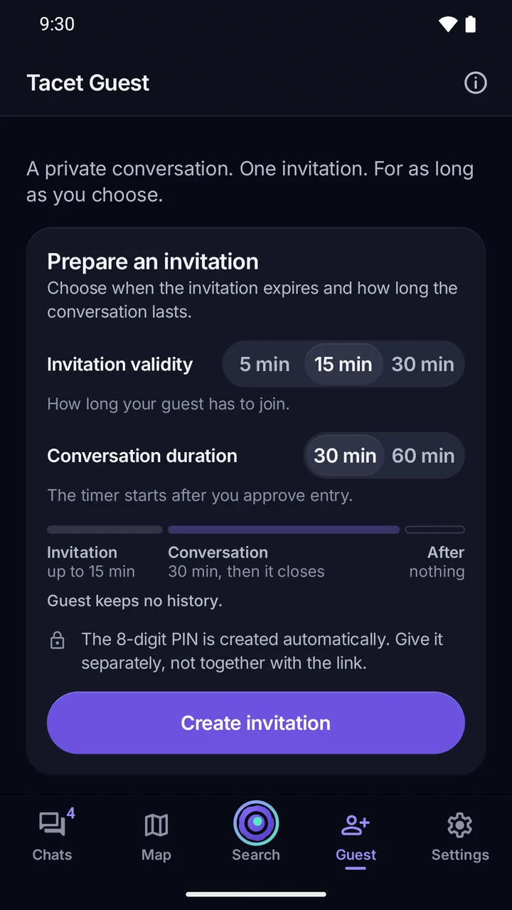 Guest: preparing the entry with invitation validity, conversation duration, the 8-digit PIN and the Create invitation button.
