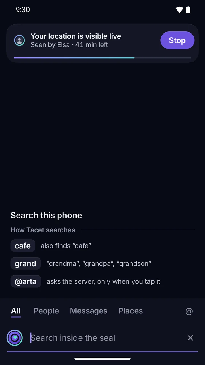 Search inside the seal: it searches only on this phone, and only “@” asks the server.