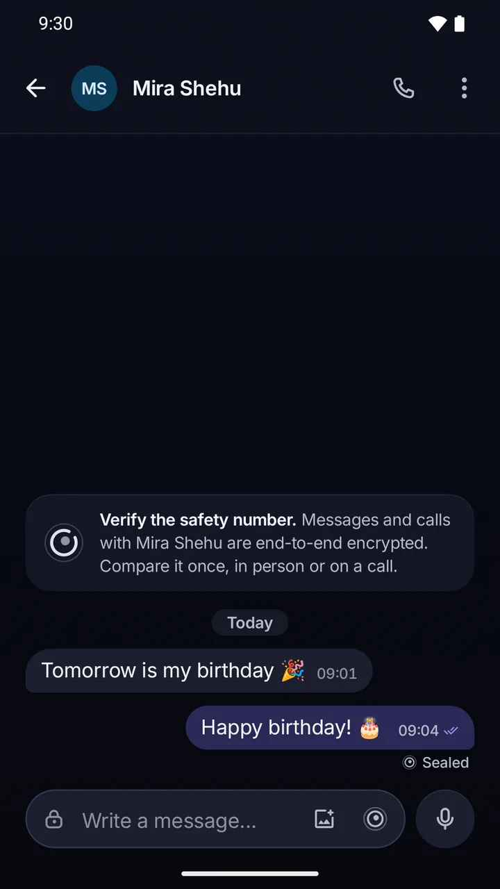 Chat with Mira Shehu: a birthday greeting sent with a time seal, marked “Sealed”.