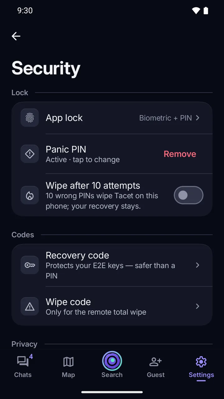Settings › Security: App lock with Biometric + PIN, Panic PIN active, Wipe after 10 attempts, Recovery code and Wipe code.