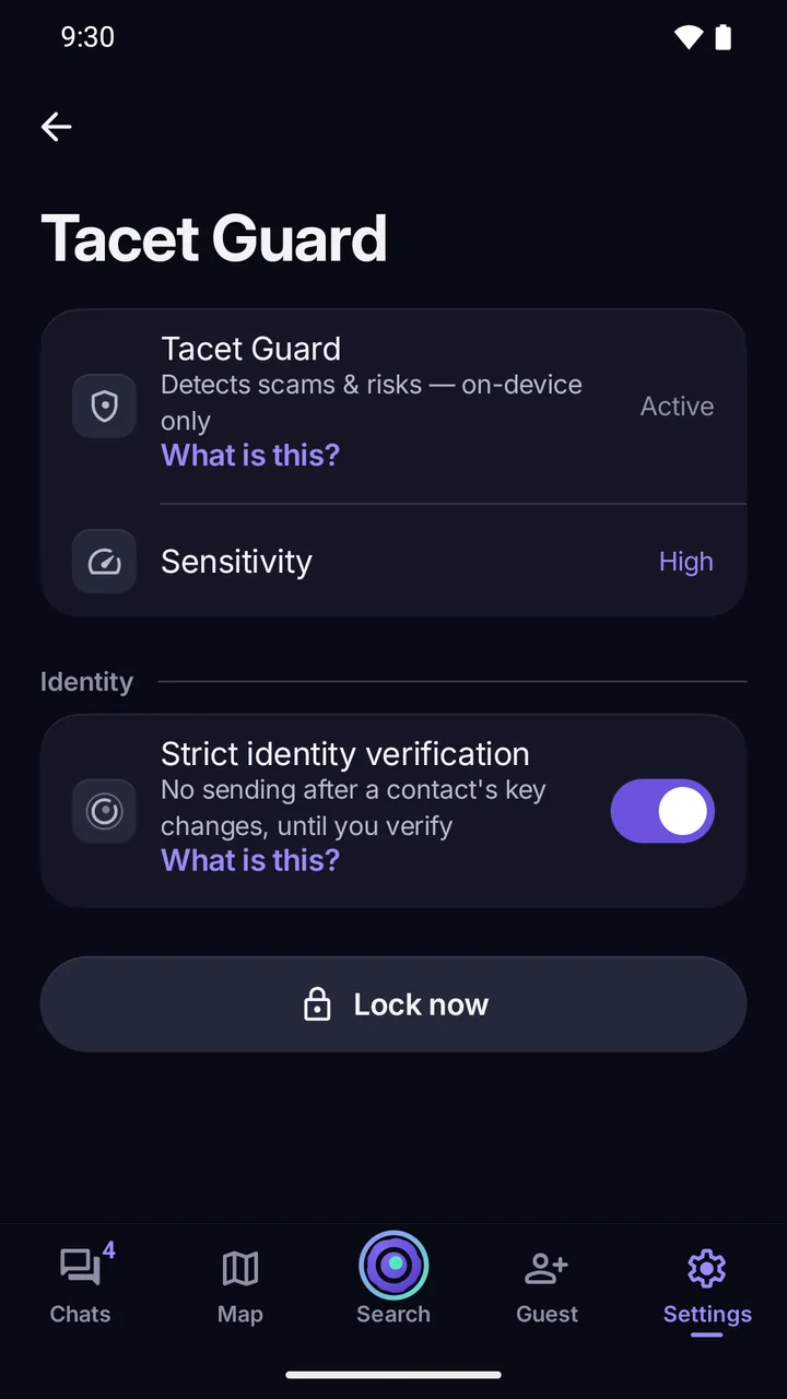 Settings › Guard: Strict identity verification on, no sending after a contact’s key changes until you verify.
