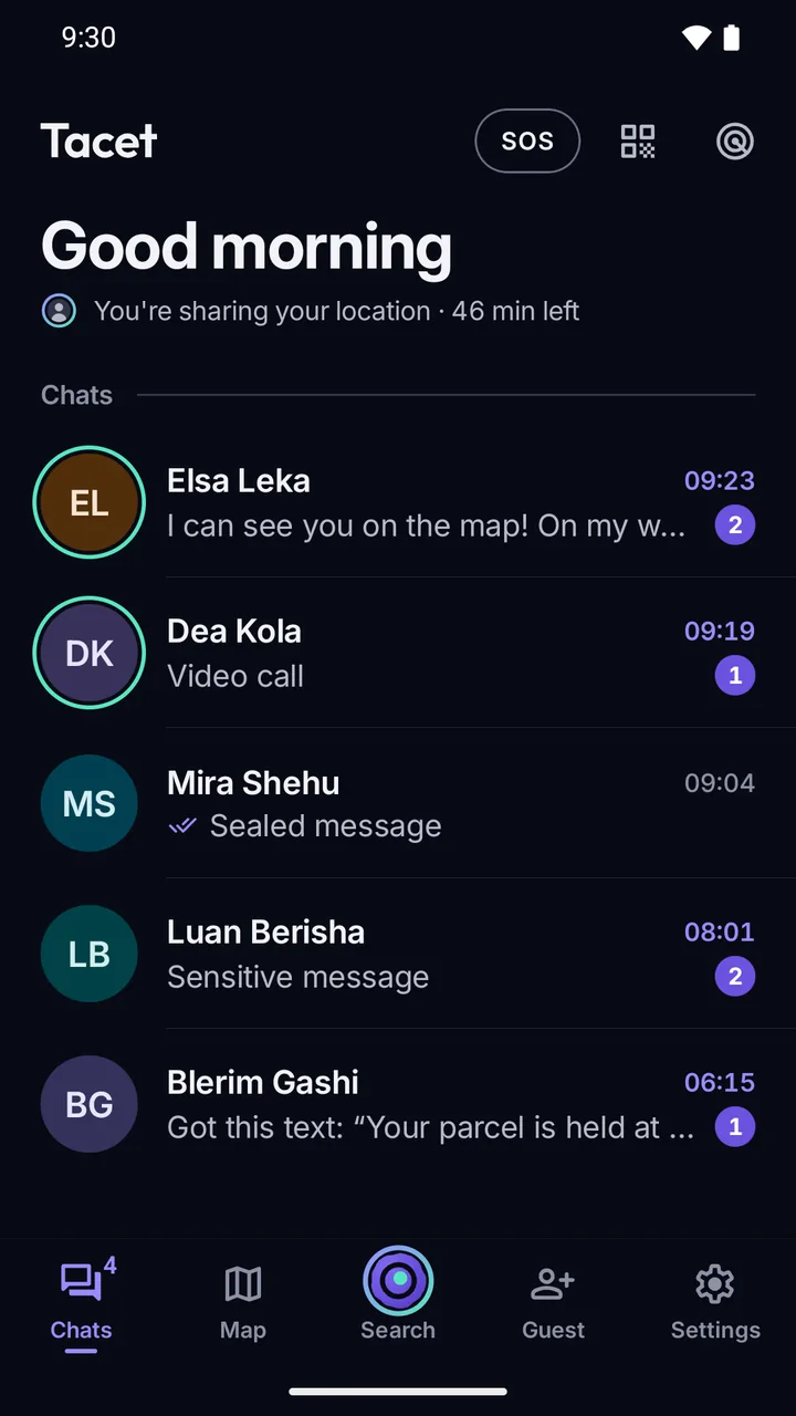 Chat list: previews read “Sensitive message” and “Sealed message” instead of the text.