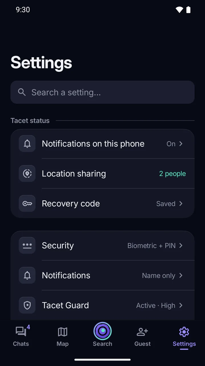 Settings: the app’s status (notifications, location sharing, recovery code) and the Security, Notifications and Guard categories.