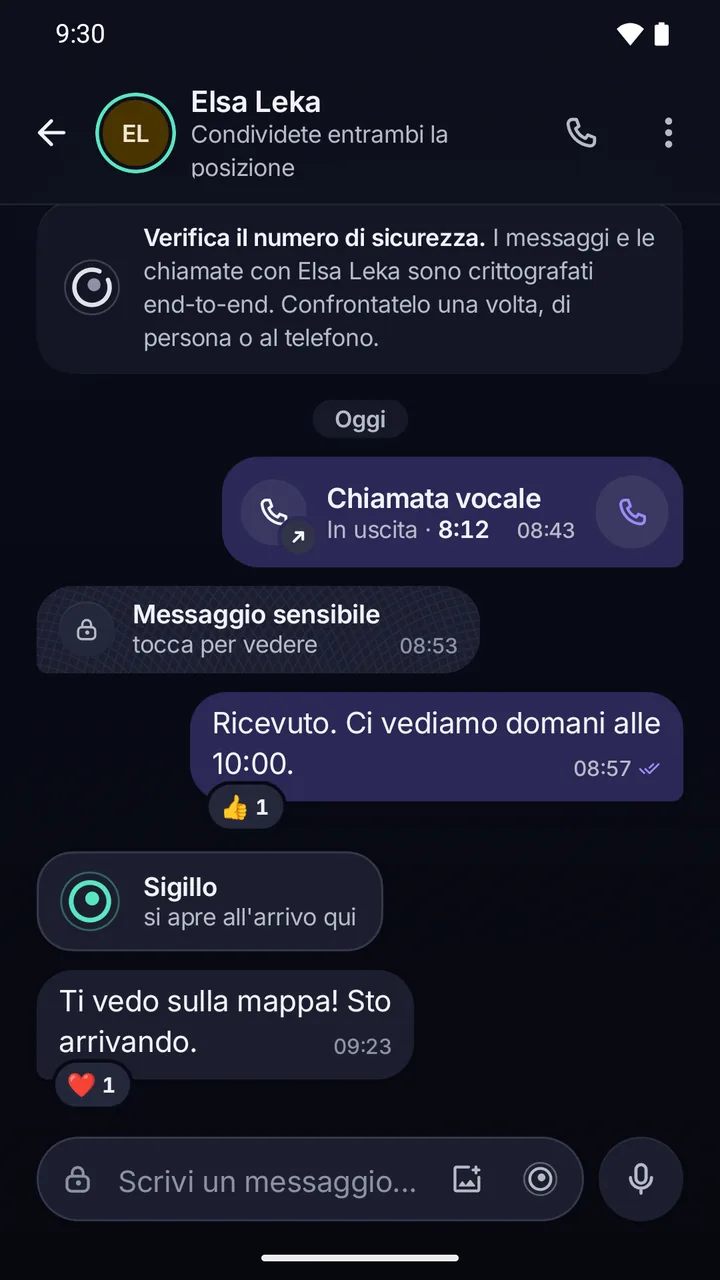 Chat con Elsa Leka: in alto la nota che messaggi e chiamate sono cifrati end-to-end; sotto una chiamata vocale, un messaggio sensibile coperto e un messaggio sigillato.