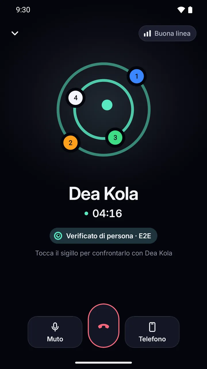 Chiamata vocale con Dea Kola: il sigillo con quattro pianeti, «Verificato di persona · E2E» e la qualità della linea.