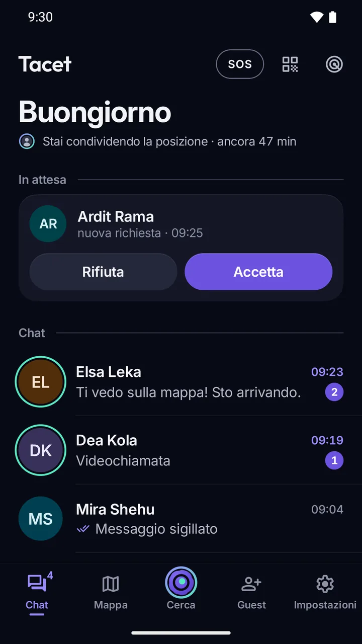 Home dell’app: una nuova richiesta in attesa con Rifiuta e Accetta, e chat con anteprime «Messaggio sigillato» e «Videochiamata».