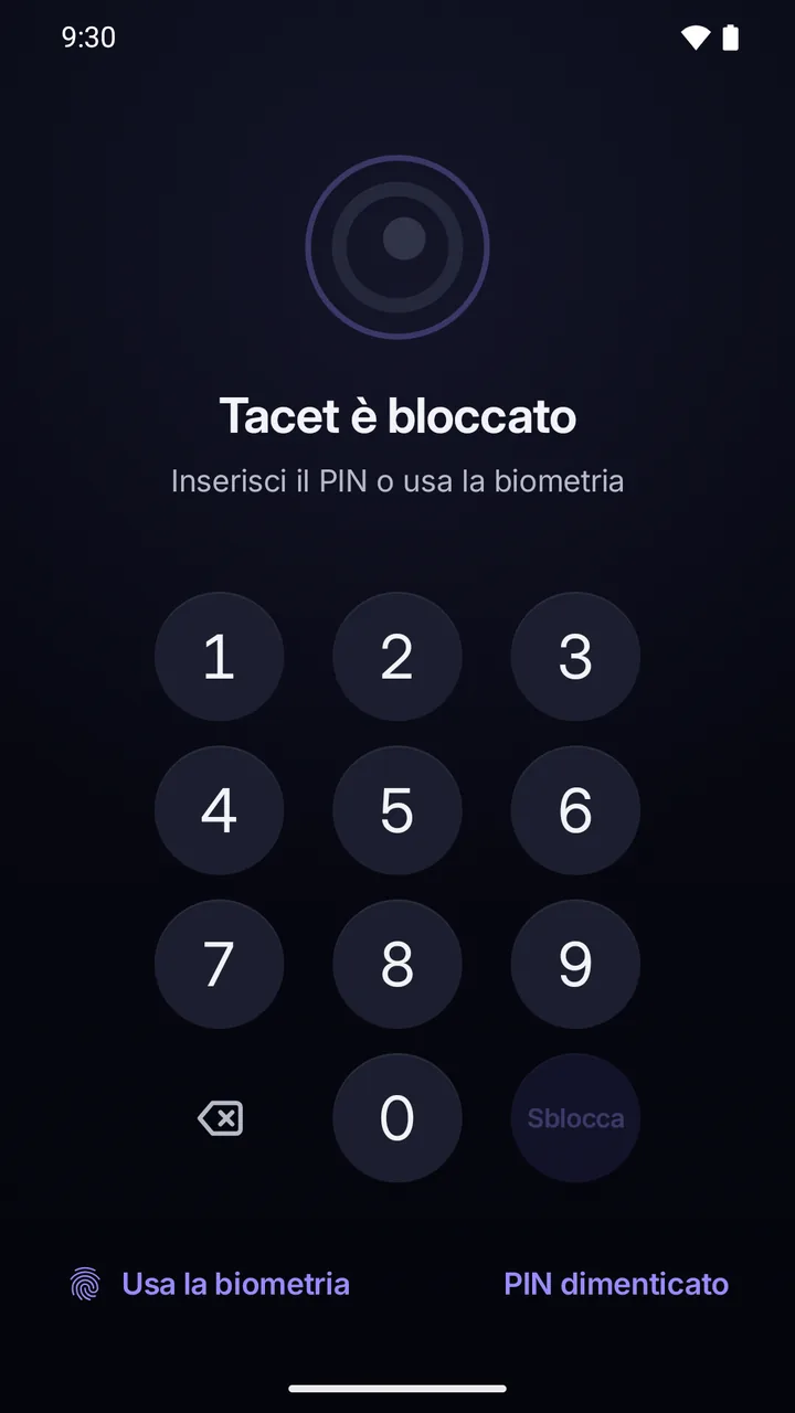 Schermata di blocco: l’app bloccata, il tastierino del PIN e «PIN dimenticato».