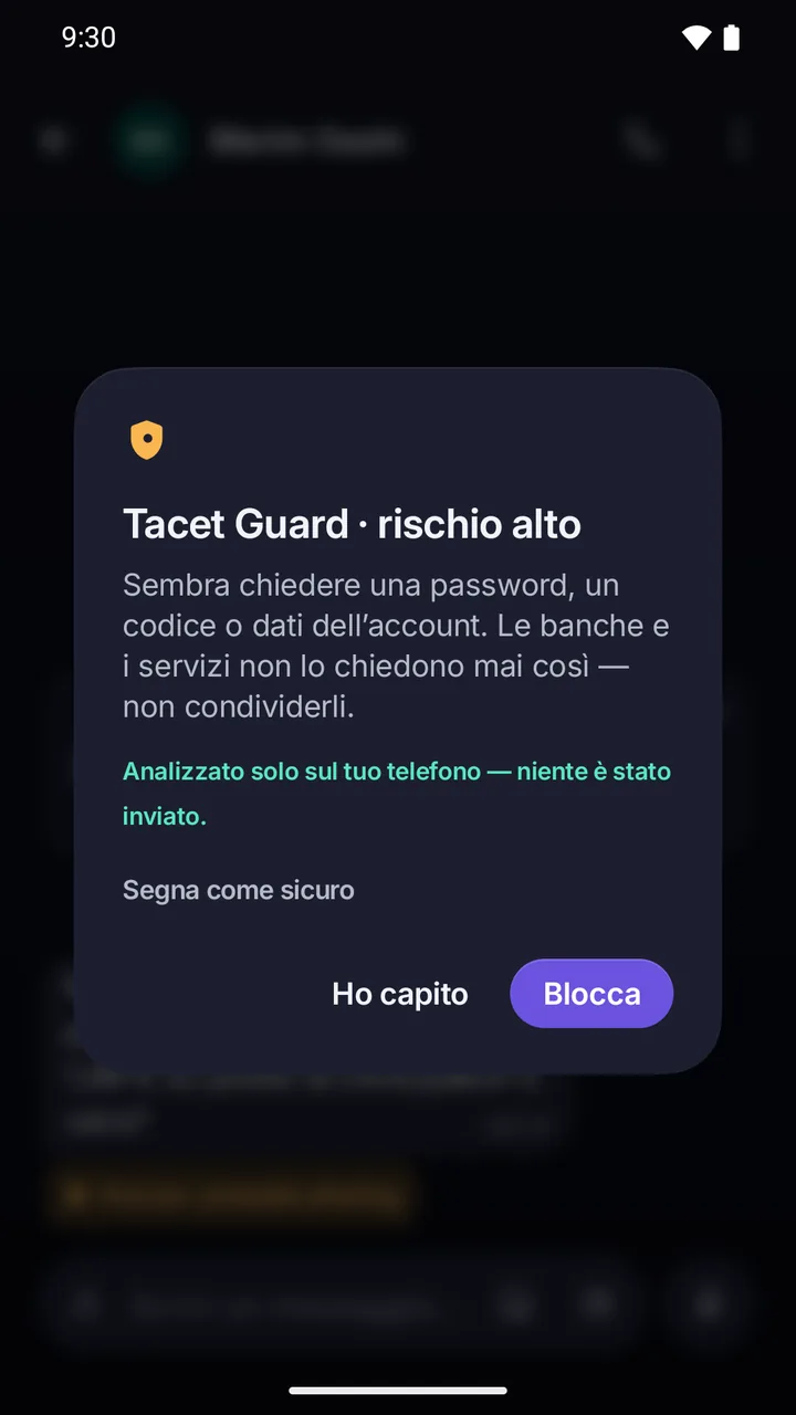 Avviso di Guard, rischio alto: il messaggio chiede password, codice o dati dell’account; analizzato solo sul telefono; pulsante Blocca.