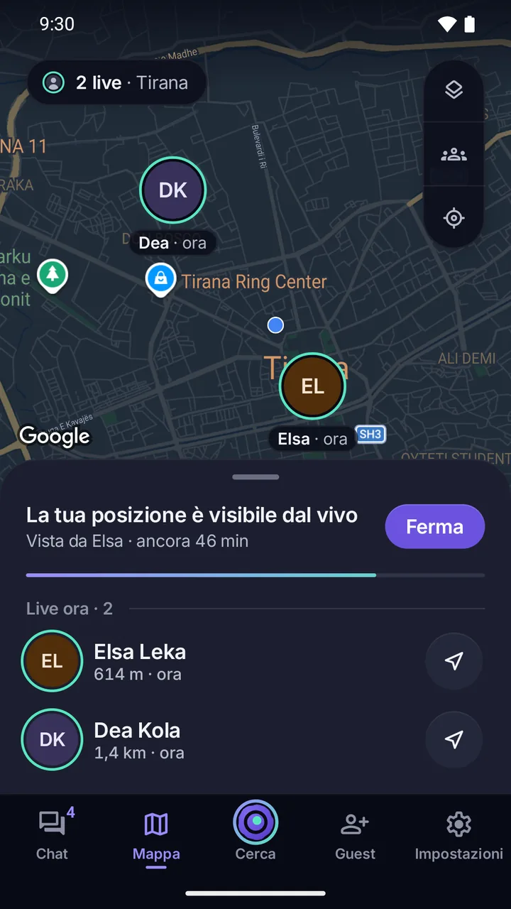 Mappa: due persone dal vivo a Tirana, Elsa e Dea; sotto «La tua posizione è visibile dal vivo» con il pulsante per fermarla.
