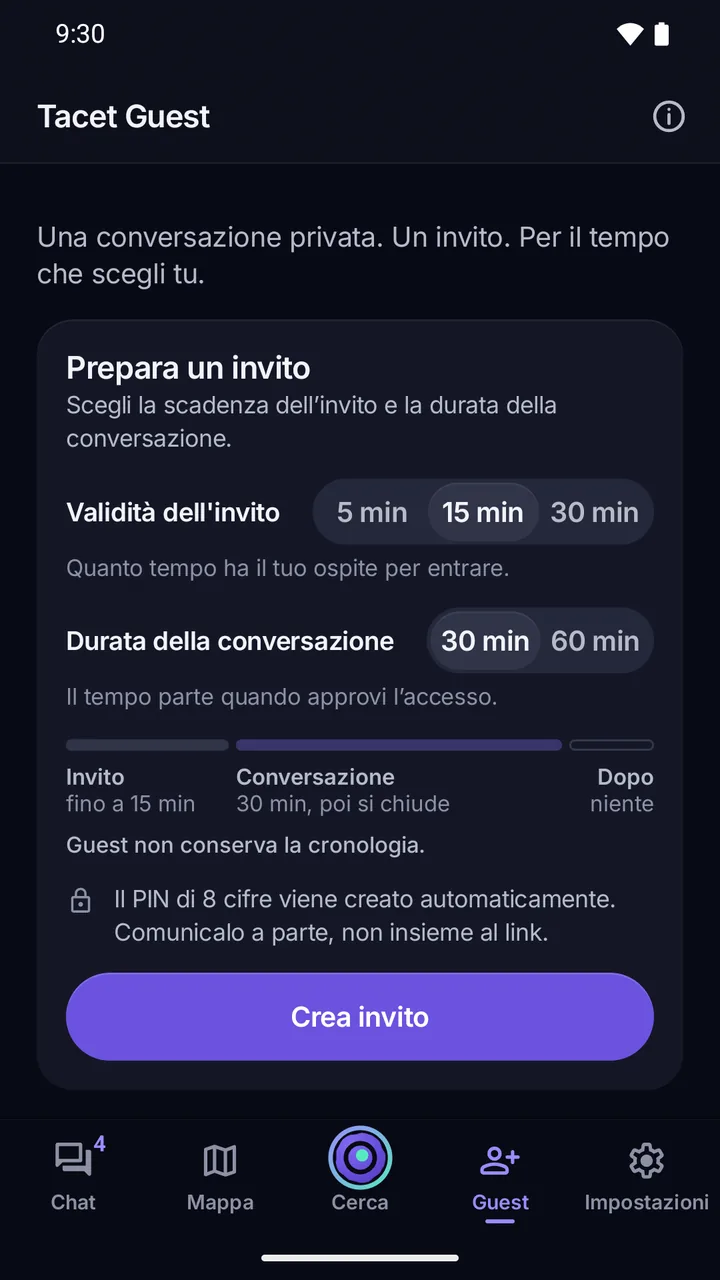 Guest: preparazione dell’accesso con validità dell’invito, durata della conversazione, PIN di 8 cifre e pulsante Crea invito.