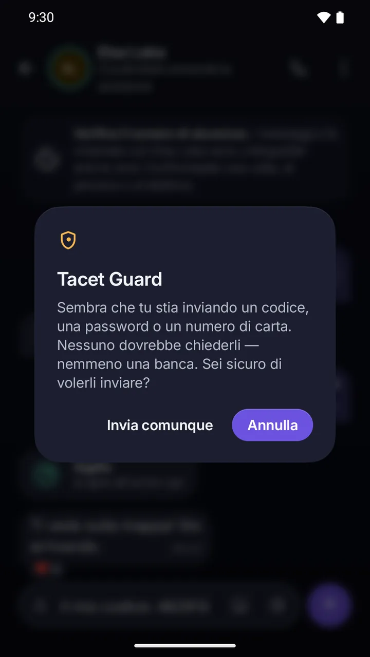 Guard prima dell’invio: sembra che tu stia inviando un codice, una password o un numero di carta; invia comunque o annulla.
