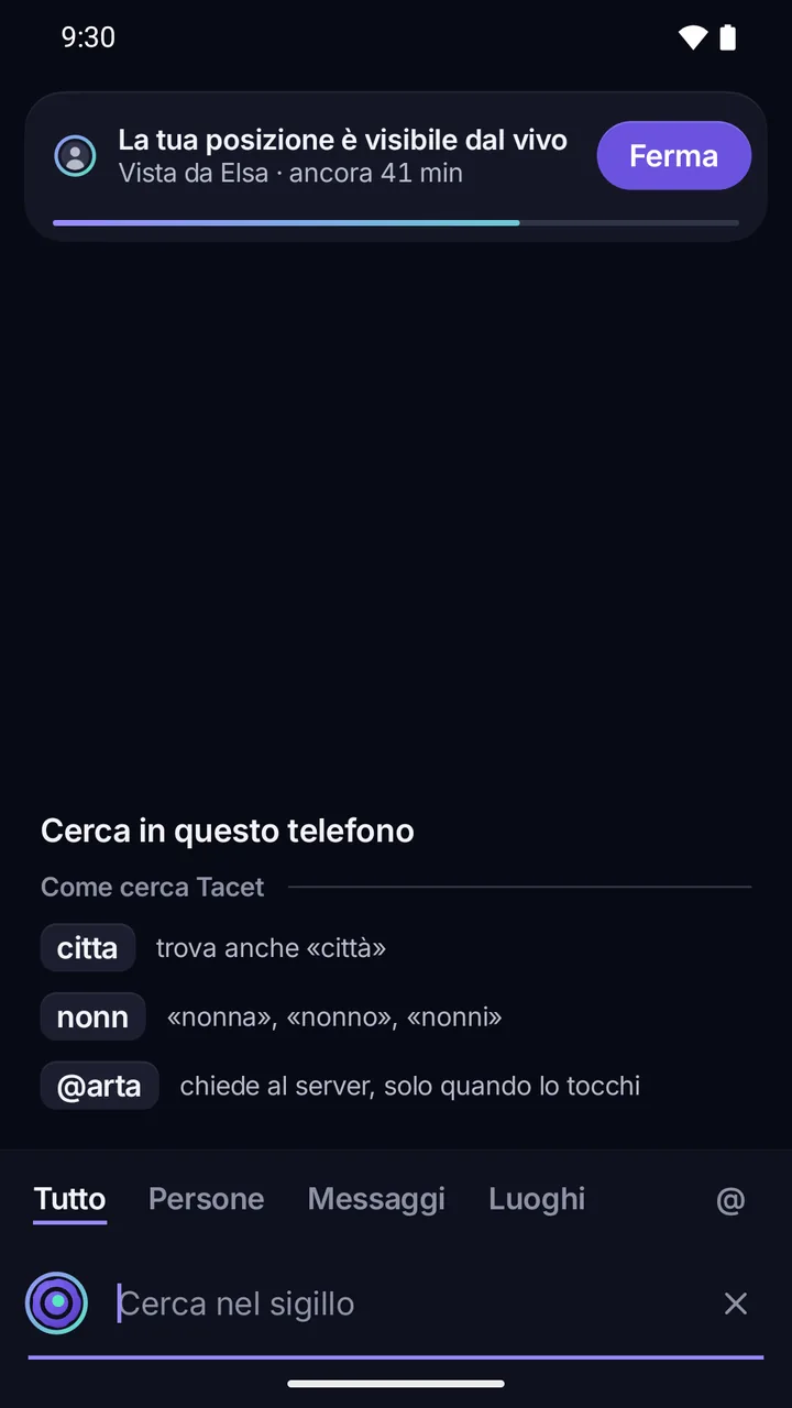 Ricerca dentro il sigillo: cerca solo su questo telefono, solo «@» interroga il server.
