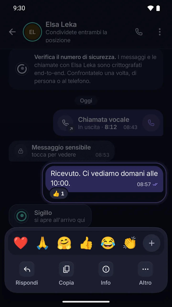Il pannello delle azioni: le reazioni nella prima riga, poi Rispondi, Copia, Traduci, Info messaggio ed Elimina messaggio.