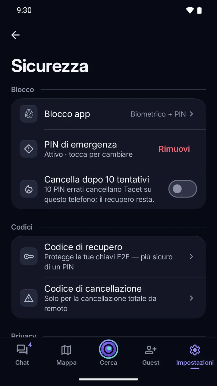 Impostazioni › Sicurezza: Blocco app con Biometrico + PIN, PIN di emergenza attivo, Cancella dopo 10 tentativi, Codice di recupero e Codice di cancellazione.