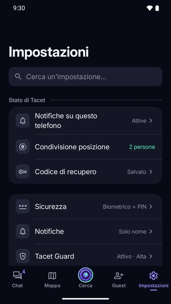 Impostazioni: lo stato dell’app (notifiche, condivisione della posizione, codice di recupero) e le categorie Sicurezza, Notifiche e Guard.
