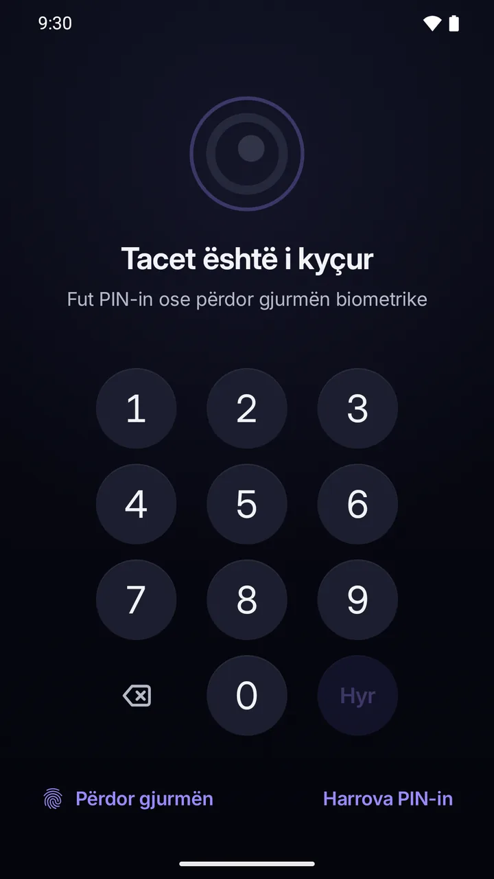 Ekrani i kyçjes: aplikacioni i kyçur, tastiera e PIN-it dhe “Harrova PIN-in”.