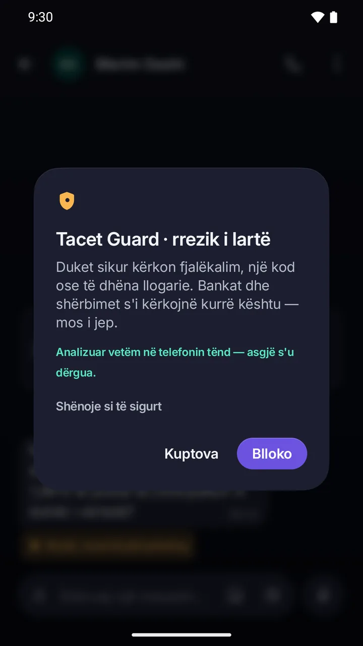 Paralajmërim i Guard, rrezik i lartë: mesazhi kërkon fjalëkalim, kod ose të dhëna llogarie; analizuar vetëm në telefon; butonat Kuptova dhe Blloko.
