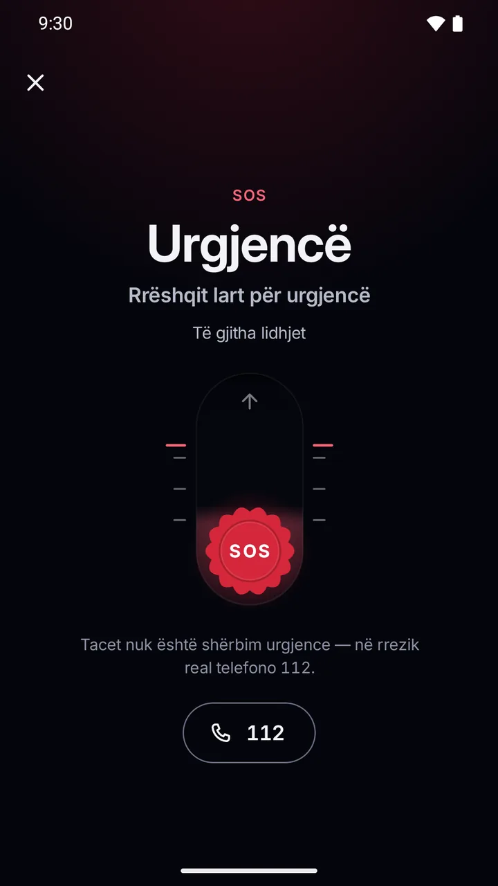 Ekrani SOS: “Urgjencë, rrëshqit lart për urgjencë” për të gjitha lidhjet, shënimi që aplikacioni nuk është shërbim urgjence dhe butoni 112.