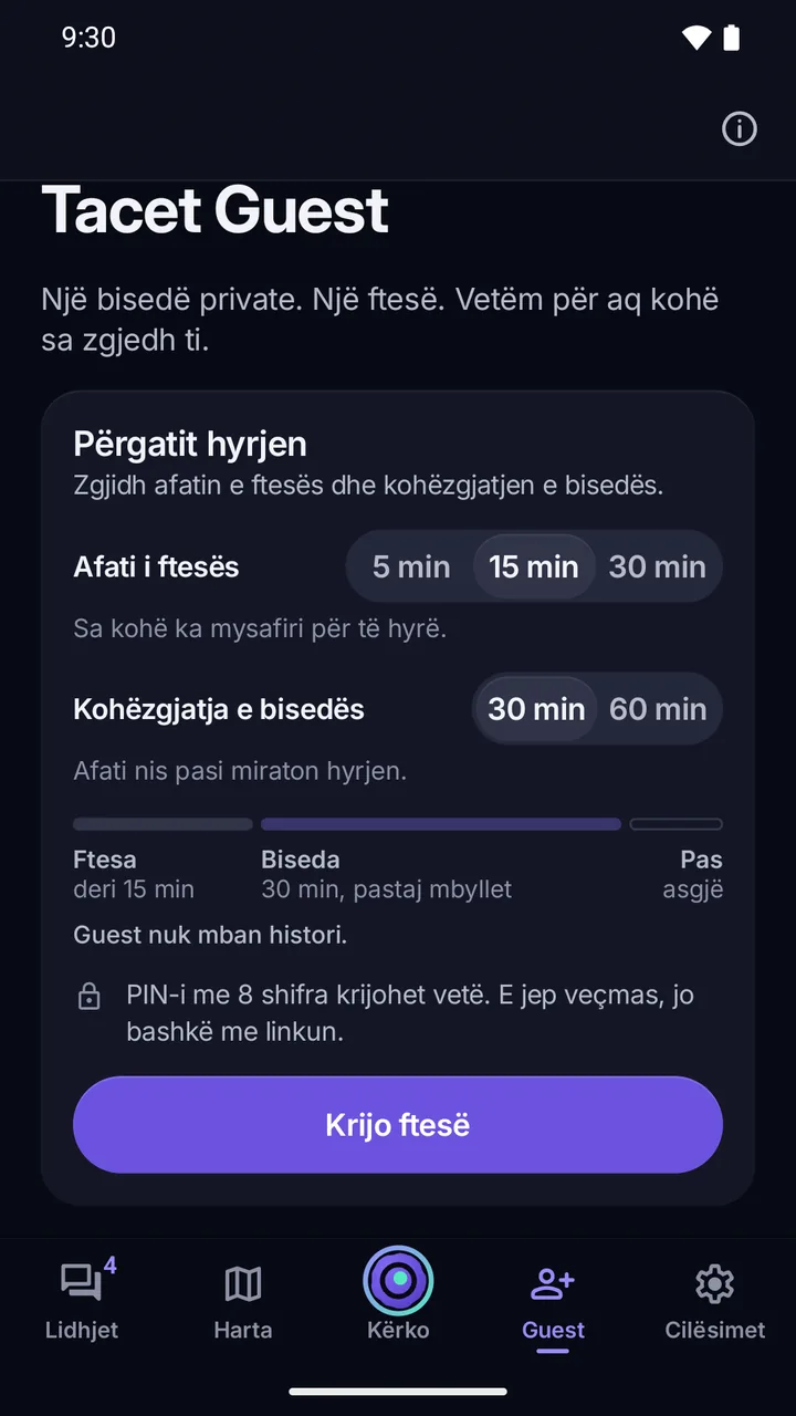 Guest: përgatitja e hyrjes me afatin e ftesës, kohëzgjatjen e bisedës, PIN-in me 8 shifra dhe butonin Krijo ftesë.