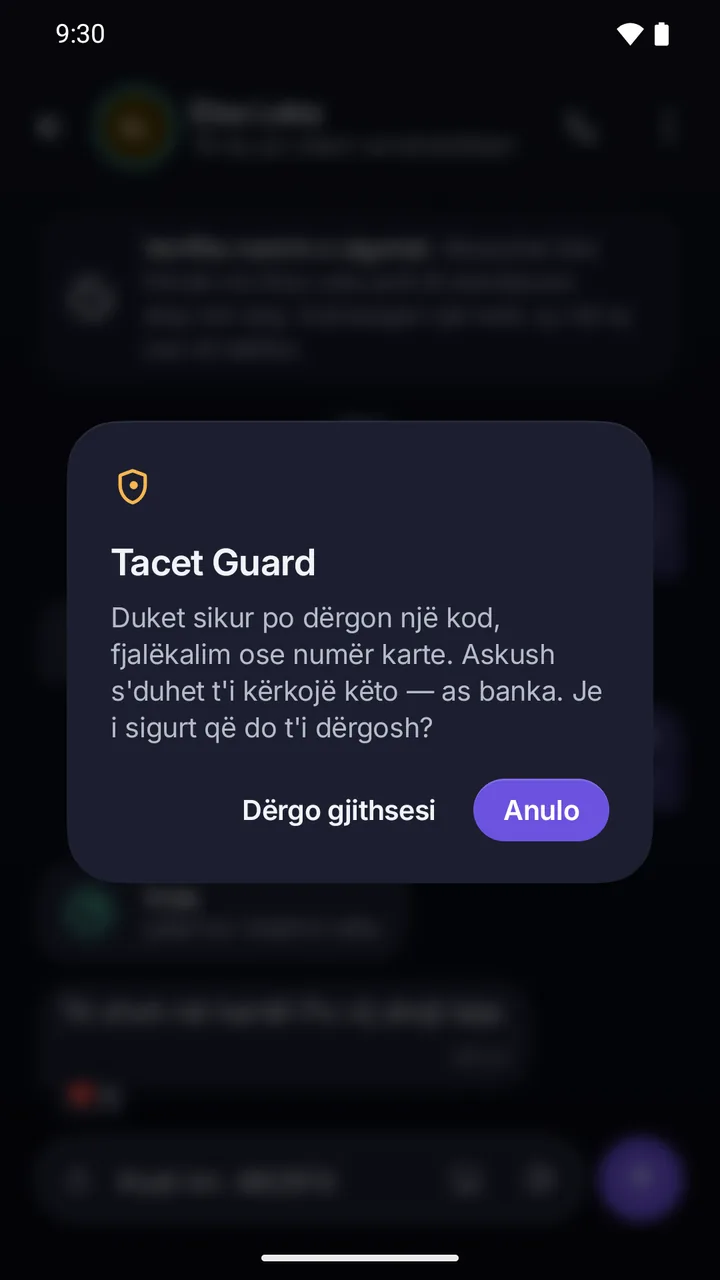 Guard para dërgimit: duket sikur po dërgon një kod, fjalëkalim ose numër karte; Dërgo gjithsesi ose Anulo.