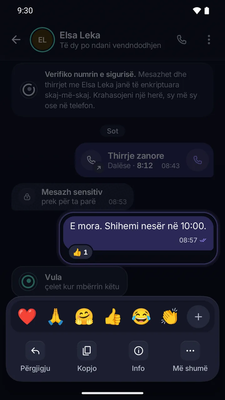 Fleta e veprimeve: reagimet në rreshtin e parë, pastaj Përgjigju, Kopjo, Përkthe, Info e mesazhit dhe Fshi mesazhin.