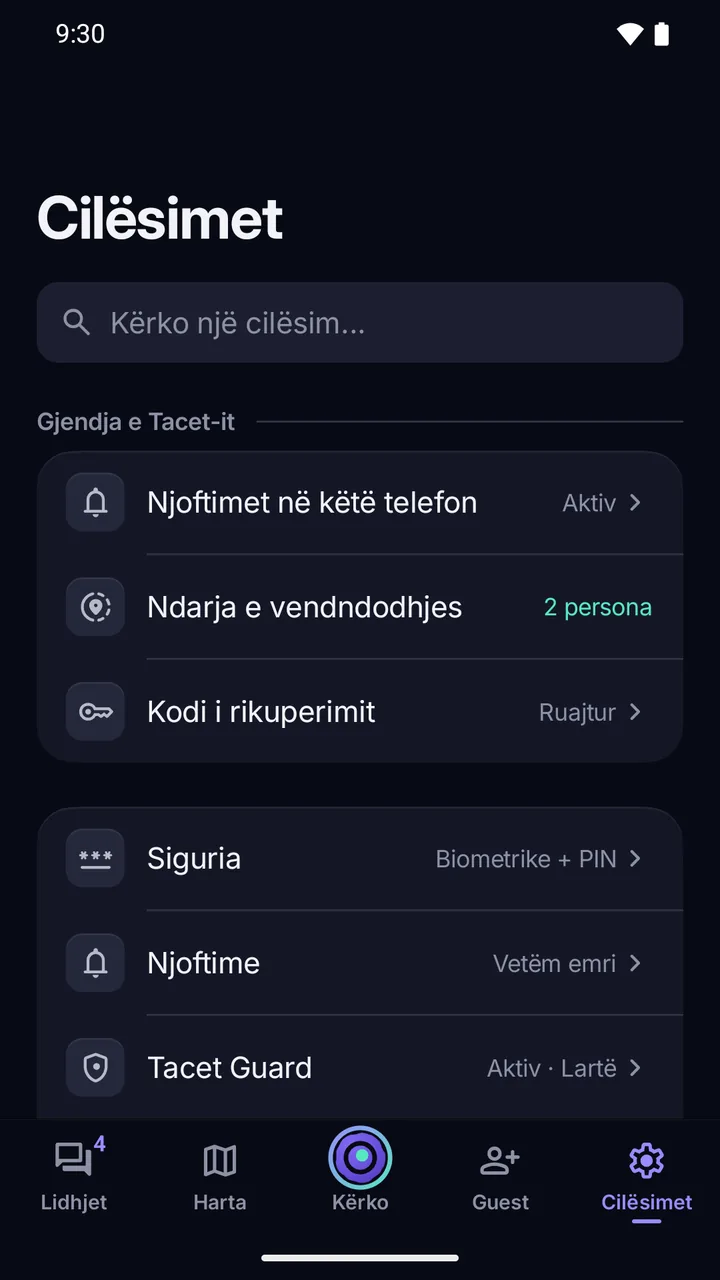 Cilësimet: gjendja e aplikacionit (njoftimet, ndarja e vendndodhjes, Kodi i rikuperimit) dhe kategoritë Siguria, Njoftime, Guard.