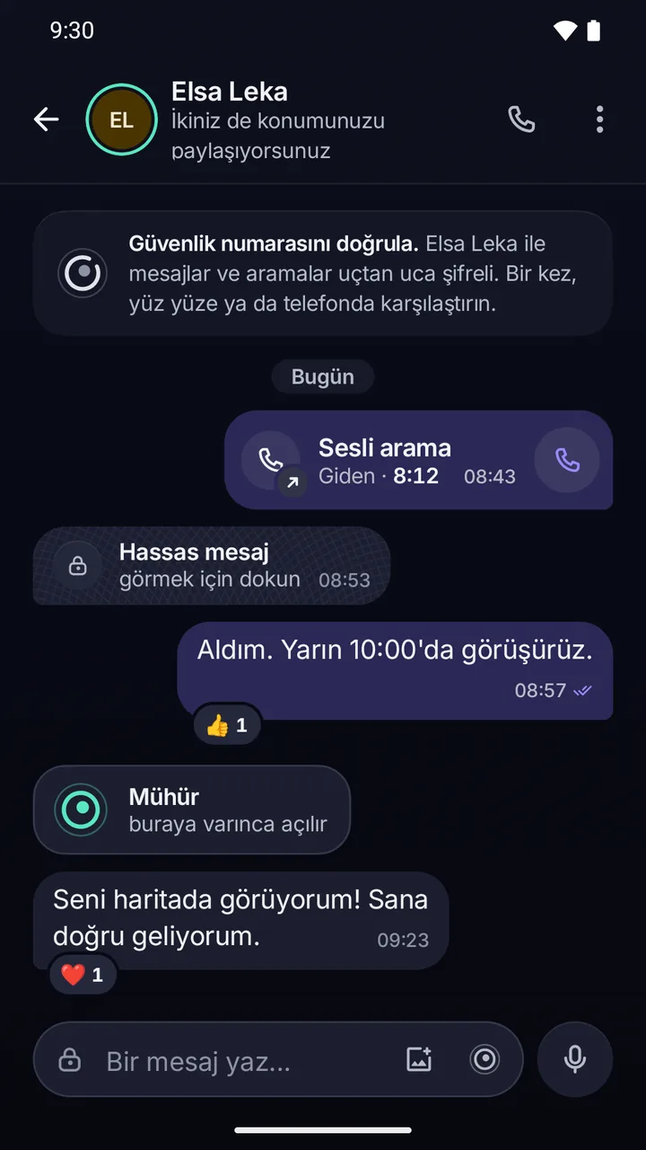 Elsa Leka ile sohbet: üstte mesajların ve aramaların uçtan uca şifreli olduğu notu; altında bir sesli arama, örtülü bir hassas mesaj ve mühürlü bir mesaj.