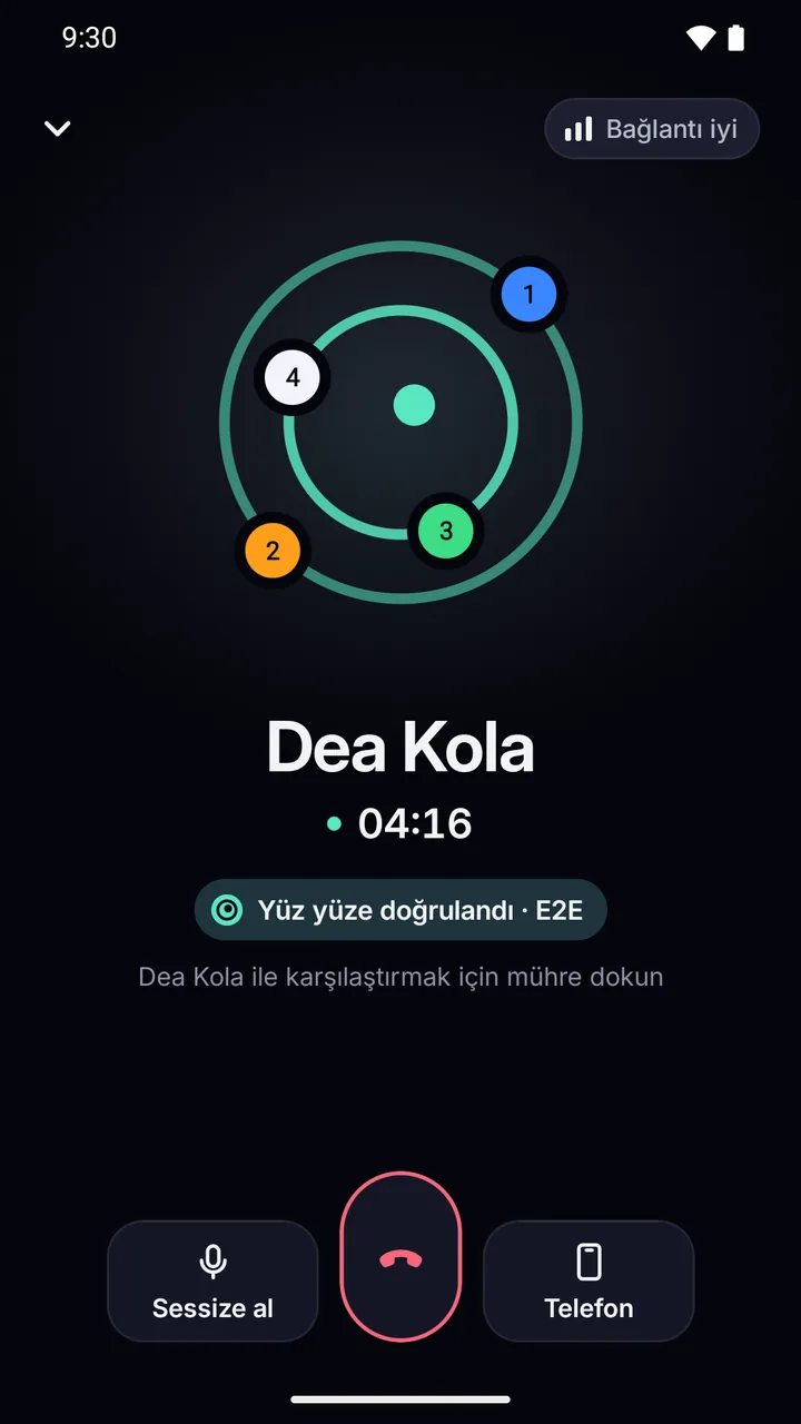 Dea Kola ile sesli arama: dört gezegenli mühür, “Yüz yüze doğrulandı · E2E” ve bağlantı kalitesi.