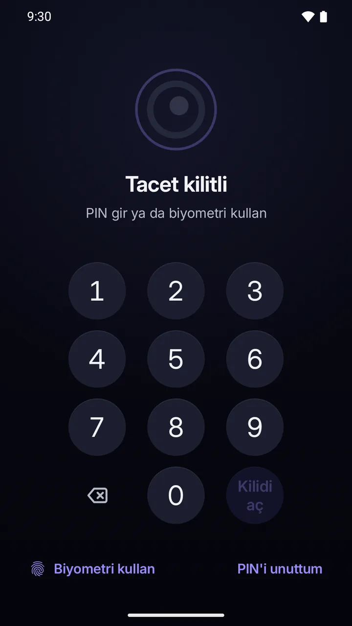 Kilit ekranı: kilitli uygulama, PIN tuş takımı ve “PIN’i unuttum”.