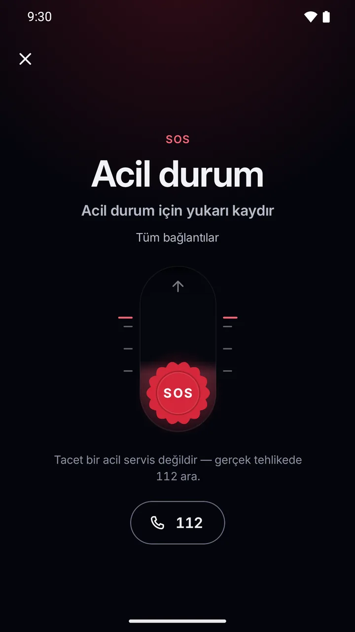 SOS ekranı: tüm bağlantılar için “Acil durum, yukarı kaydır”, uygulamanın acil durum hizmeti olmadığı notu ve 112 düğmesi.