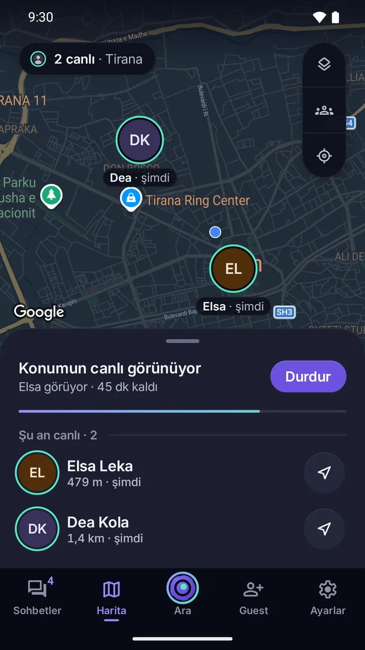 Harita: Tiran’da canlı iki kişi, Elsa ve Dea; altında durdurma düğmesiyle “Konumun canlı görünüyor”.