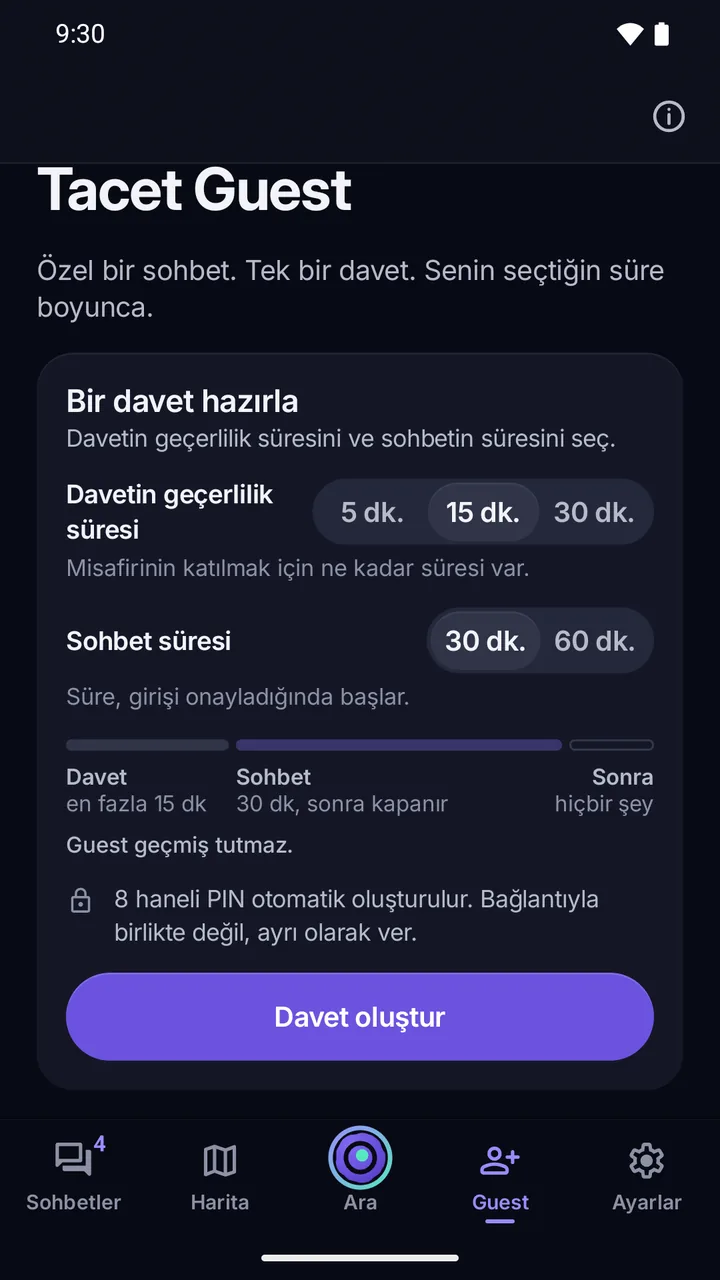 Guest: davetin geçerlilik süresi, sohbet süresi, 8 haneli PIN ve Davet oluştur düğmesiyle girişin hazırlanması.