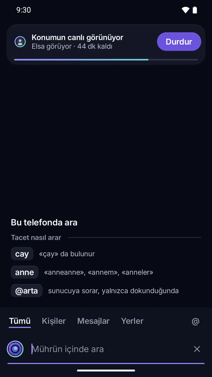 Mühür içinde arama: yalnızca bu telefonda arar, sunucuya yalnızca “@” sorar.